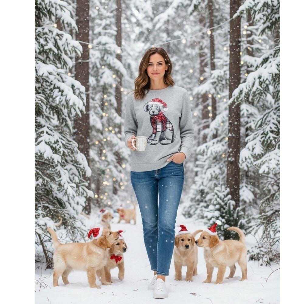 "Karen Scott" Sport Christmas Plaid Puppy Crewneck Sweatshirt‎ SZ S Retriever